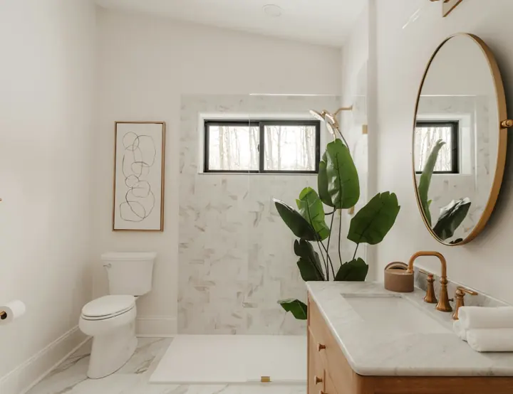 A fresh, clean bathroom with a round mirror