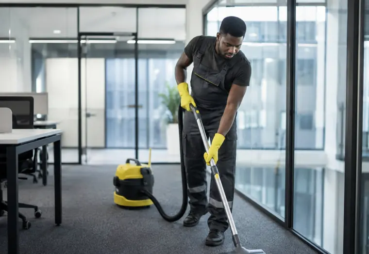 Commercial cleaning: a cleaner vacuuming an office floor